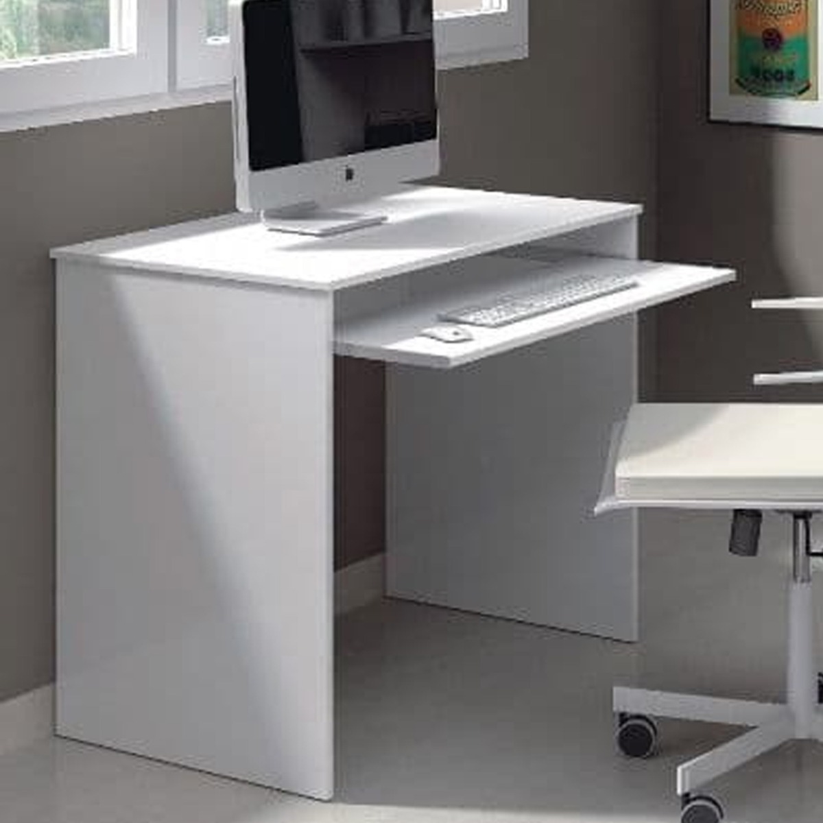 Compact White Desk with Pull-Out Keyboard Tray and Reversible Legs