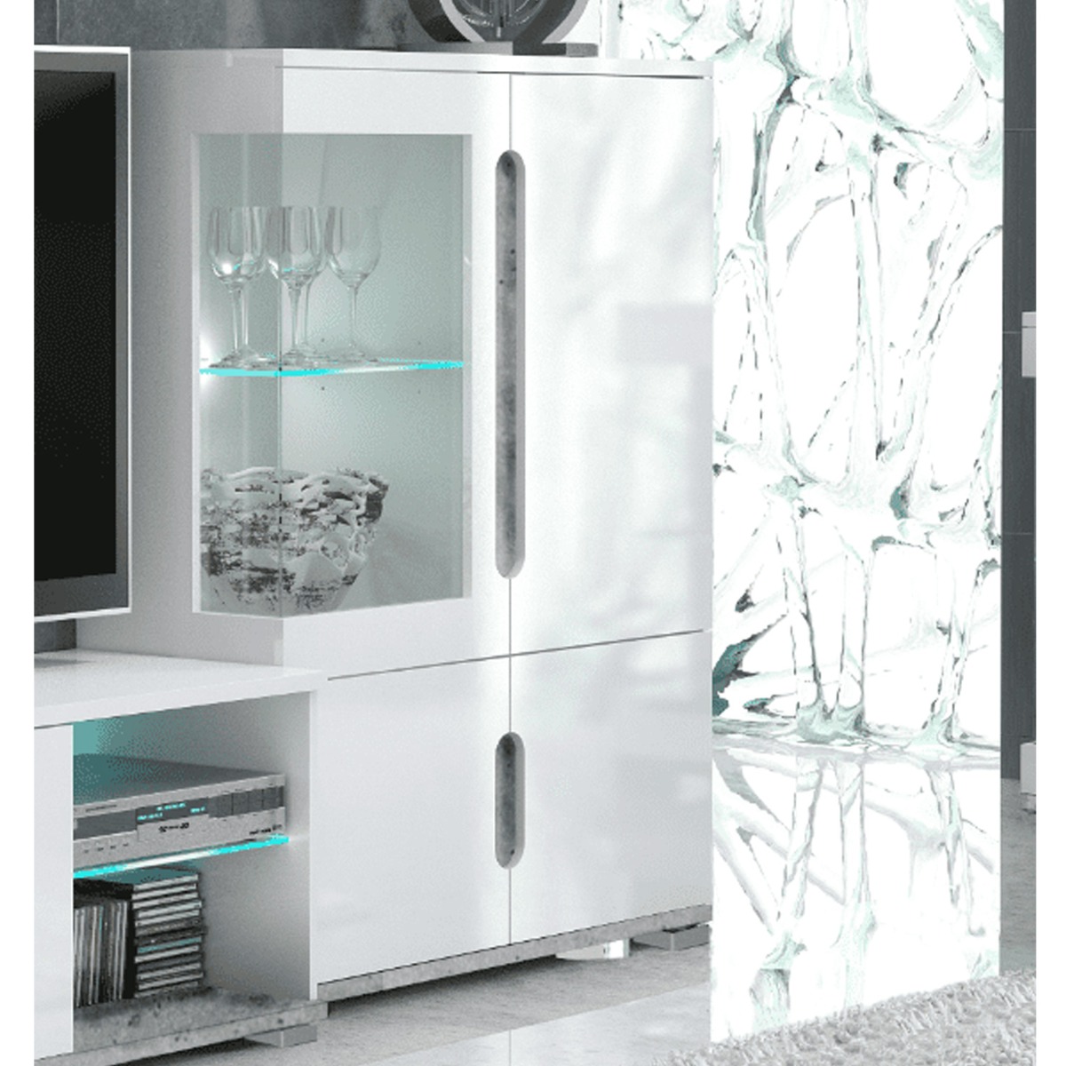 Edney High Gloss 4 Door Low Display Cabinet with 1 Glass Door - Grey Concrete with White