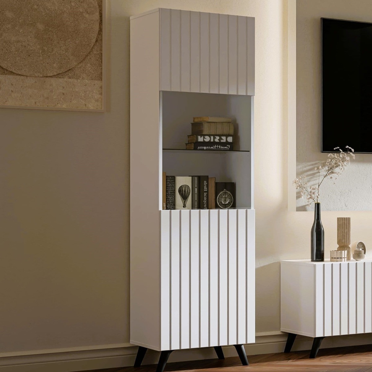 Alan Vertical Grooved Lines Tall Display Cabinet with 1 Glass Door - Matte White