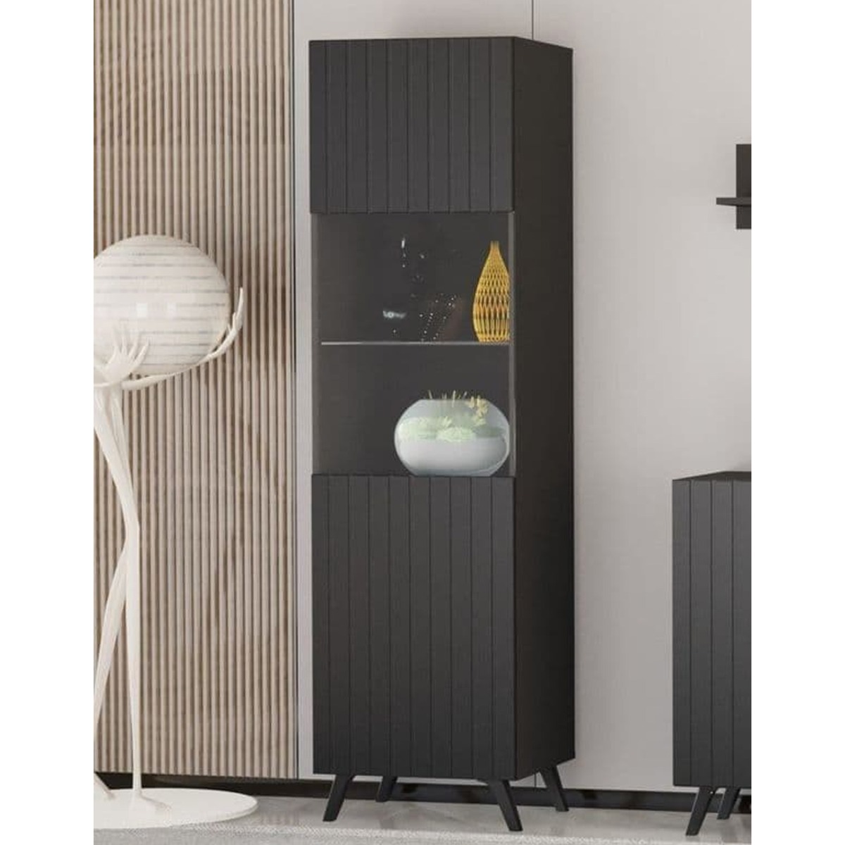 Alan Vertical Grooved Lines Tall Display Cabinet with 1 Glass Door - Matte Black
