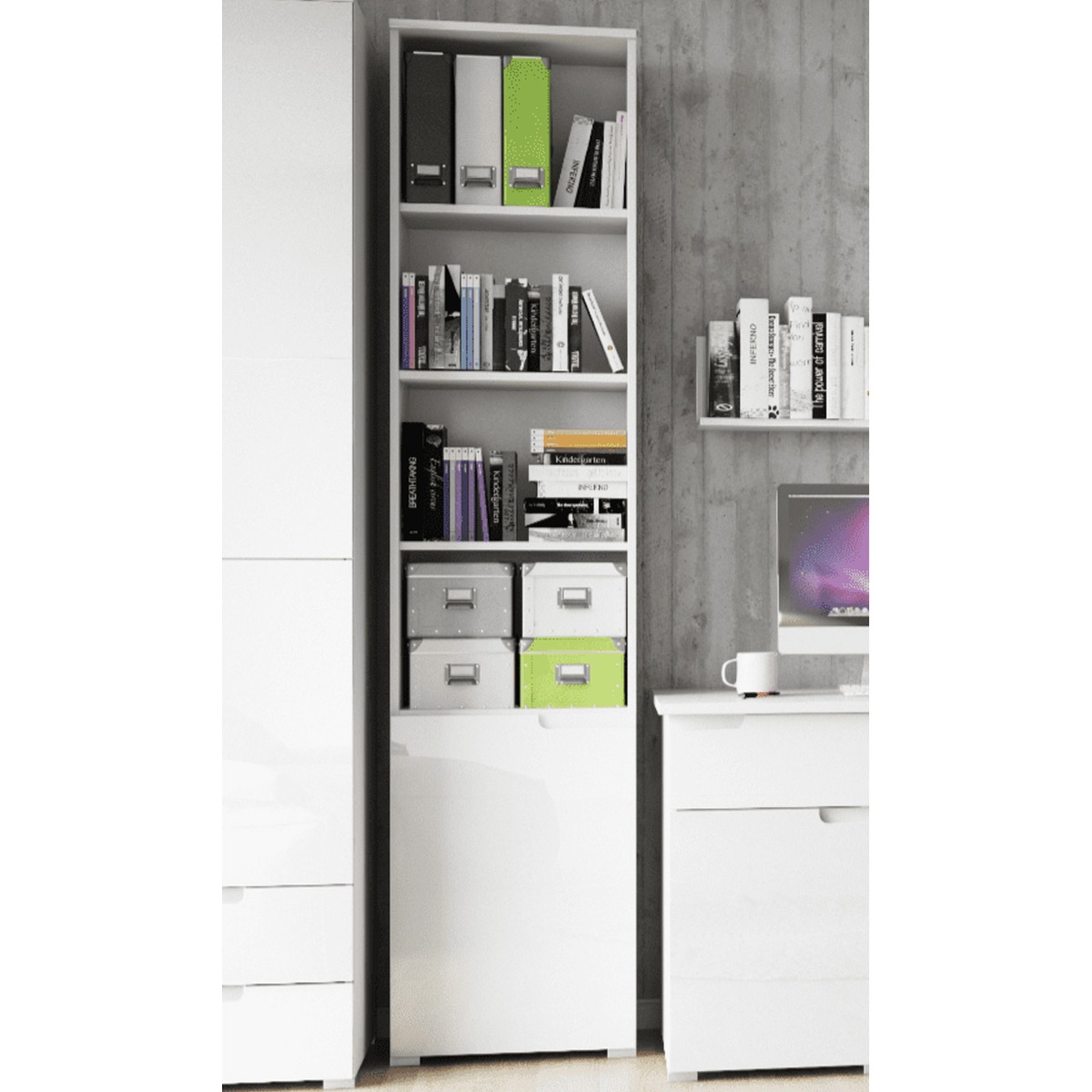 Viktoria Modern Tall Narrow Bookcase with 6 Compartments - Matt White with White Gloss Door