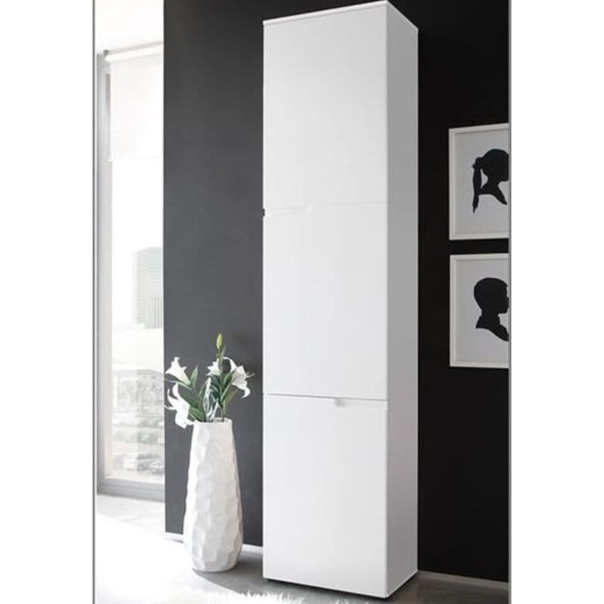Viktoria Modern Tall Narrow Bookcase with 3 Doors - Matt White with White Gloss Door