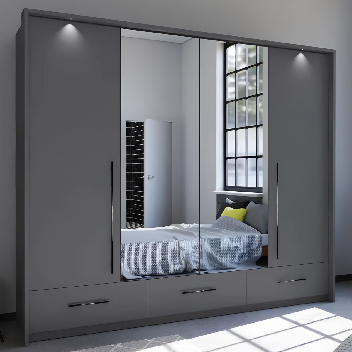 LINDSEY 4 Door Mirrored Wardrobe with 3 Drawers Graphite - 255cm