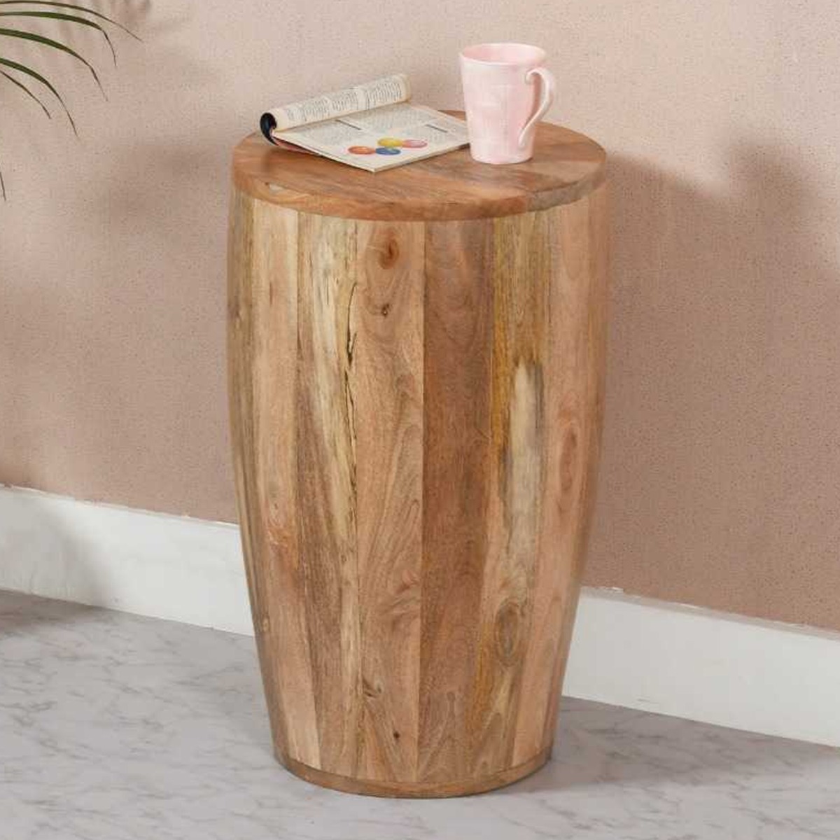 Powell Solid Wood Drum Style Side Table - Natural Wood