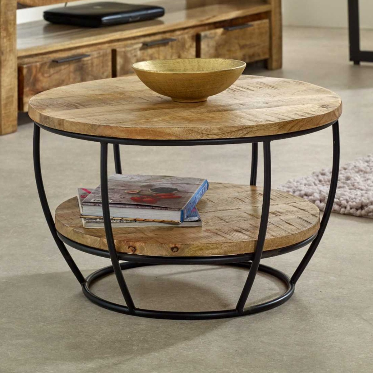 Powell Black Metal Frame Solid Wood Coffee Table With Shelf - Natural Wood