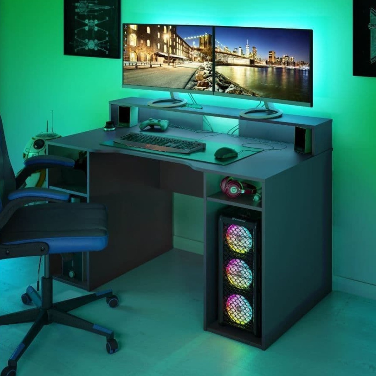 Modern Design Gaming Desk With Hutch - Dark Grey
