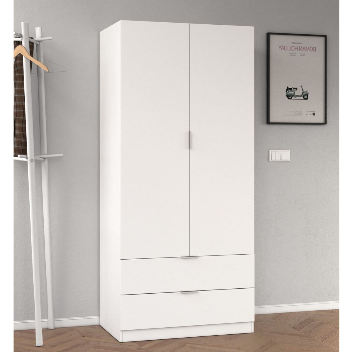 HARVEY 2 Door Wardrobe with 2 Drawers White - 81cm