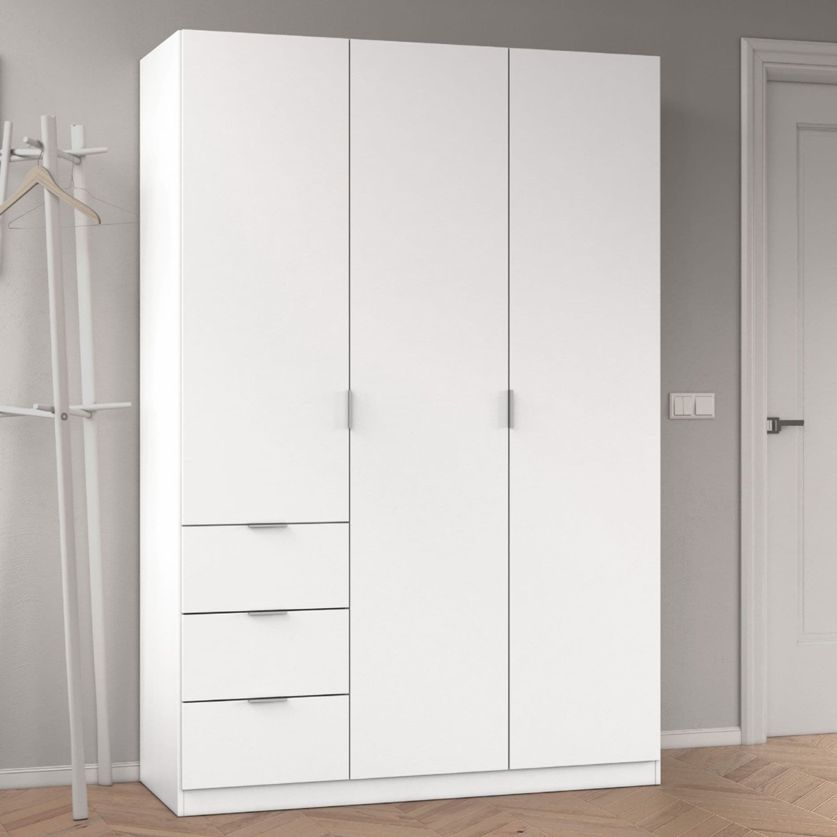 HARVEY 3 Door Wardrobe with 3 Drawers White - 135cm