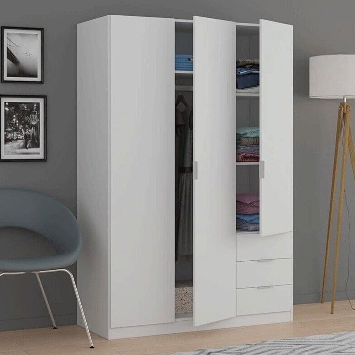 HARVEY 3 Door Wardrobe with 3 Drawers White - 121cm