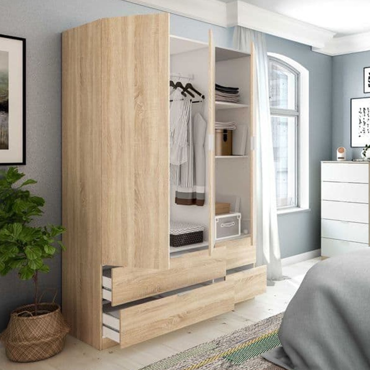 HARVEY 3 Door Wardrobe with 4 Drawers Light Oak - 135cm