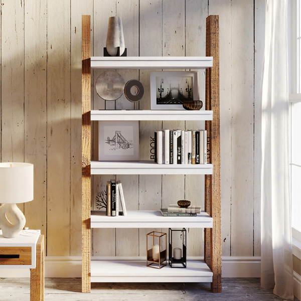 Becky Scandic Theme Reclaimed Wood Large Bookcase Open Five Shelf