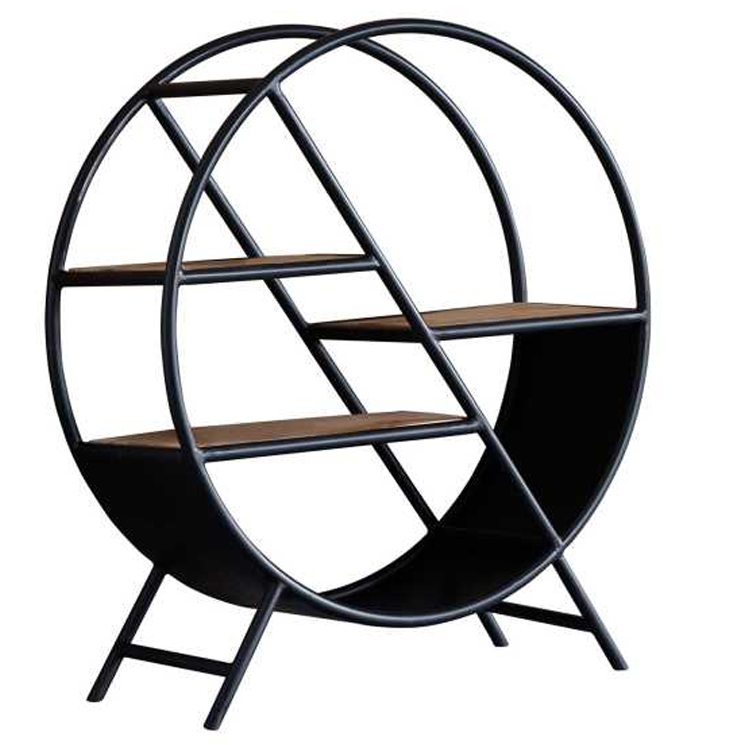 Michelle Industrial Style Round Open Bookcase with Natural Hardwood and Iron Frame