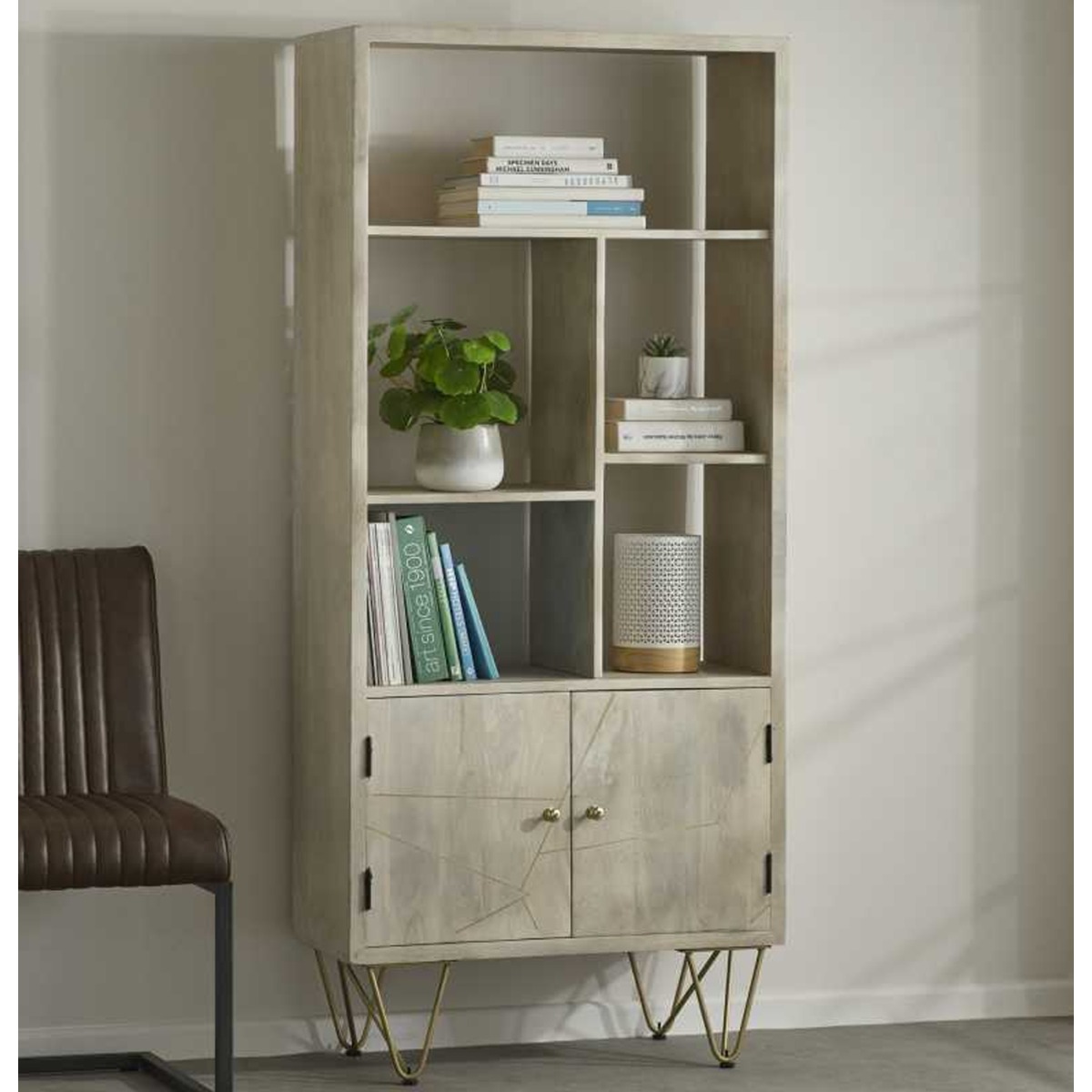 Georgjna Abstract Style Gold Frame 2 Door Large Bookcase - Light Natural Finish