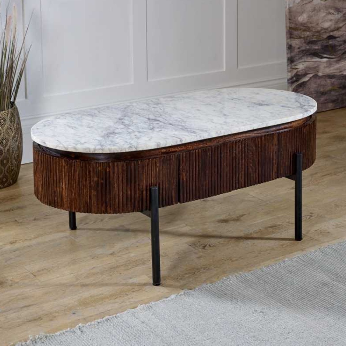 Hendry Fluted Style Metal Legs Mango Wood Rectangular Coffee Table With White Marble Top
