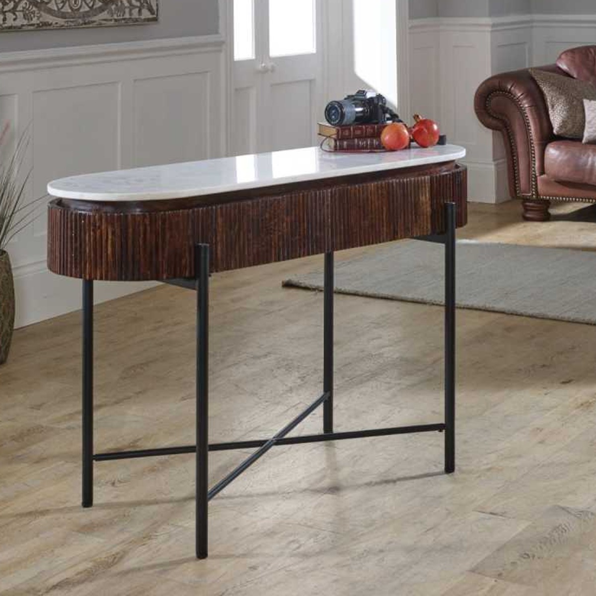 Hendry Metal Legs Mango Wood Console Table - White Marble Top