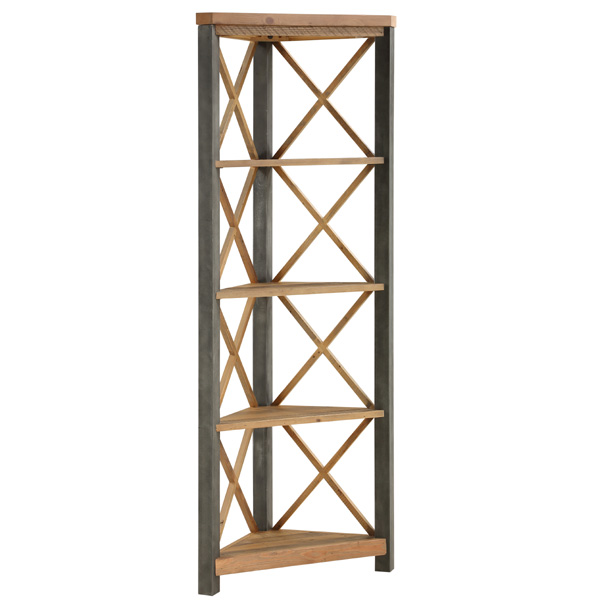 Doyle Elegance Steel Frame Large Corner Bookcase with 4 Shelves - Natural Wood