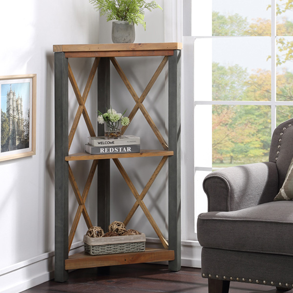 Doyle Elegance Steel Frame Small Corner Bookcase with 2 Shelves - Natural Wood