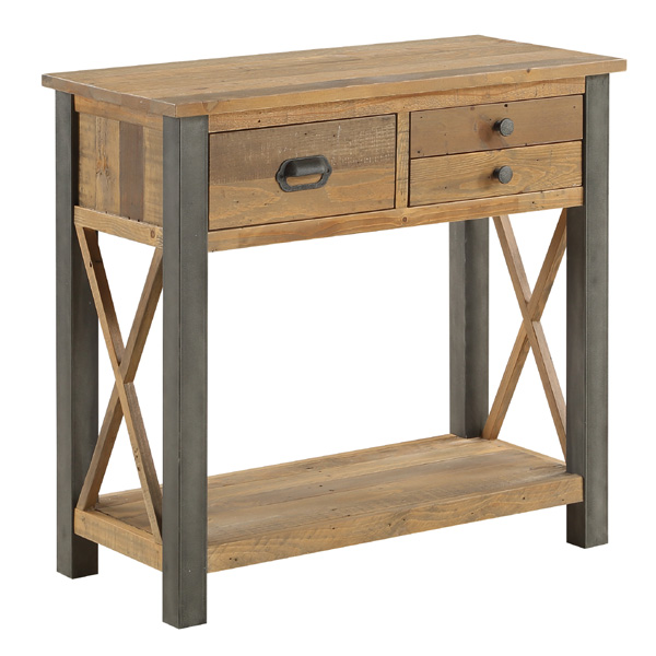 Doyle Elegance Rustic 3 Drawer Console Table with Open Shelf - Natural Wood