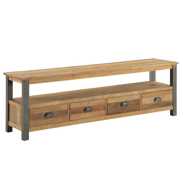 Doyle Rustic TV Cabinet with Long Open Shelf and Four Drawers