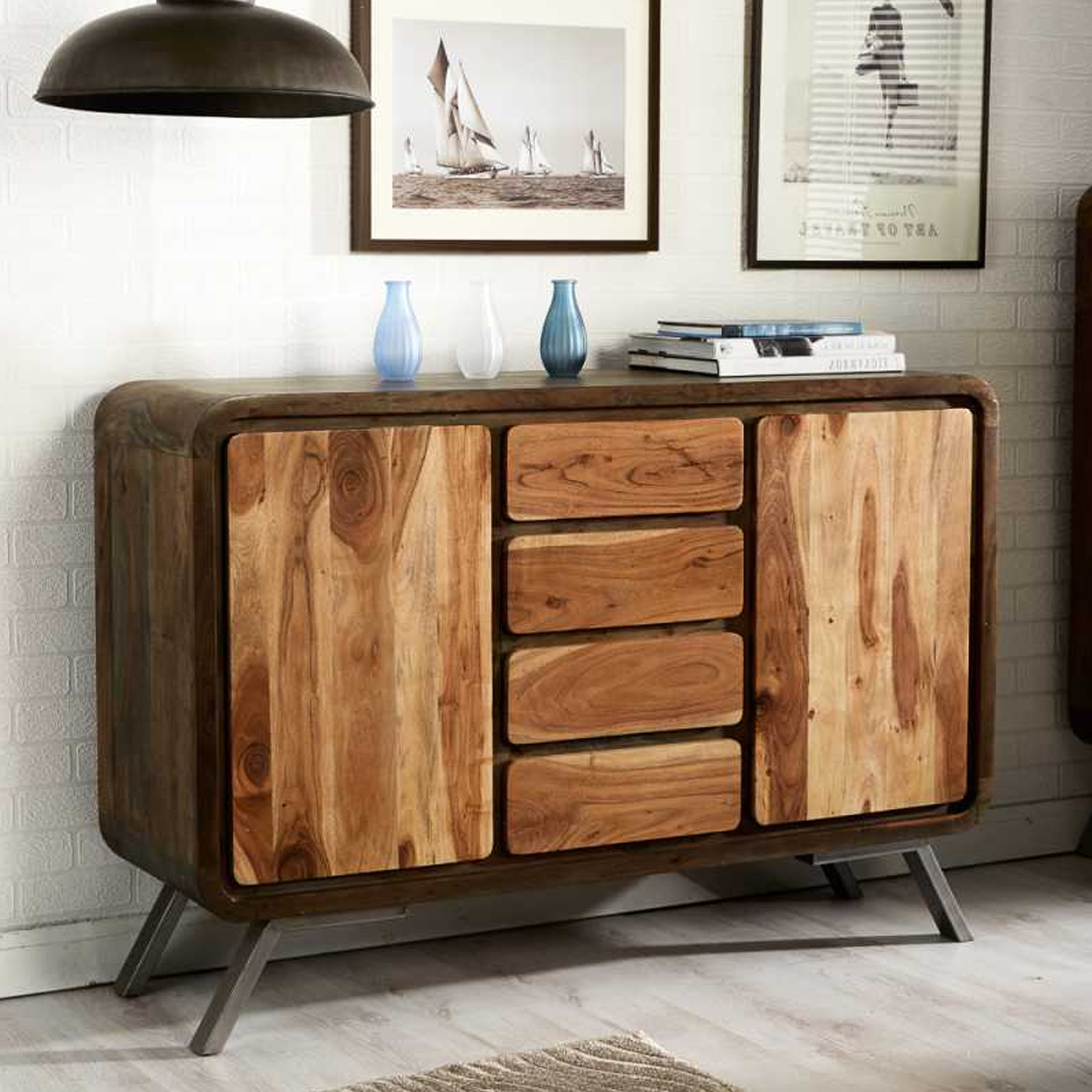 Fiona Metal Legs Unique Retro Style Wooden Large Sideboard With Door and Drawers