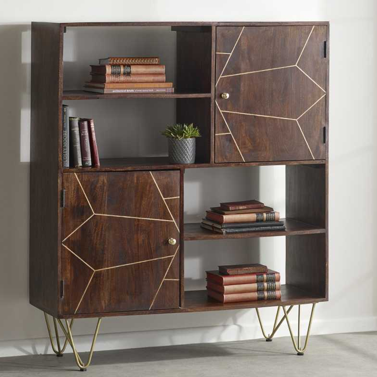 Georgjna Abstract Style Gold Frame Display Cabinet with Doors and Open Shelf - Walnut Finish