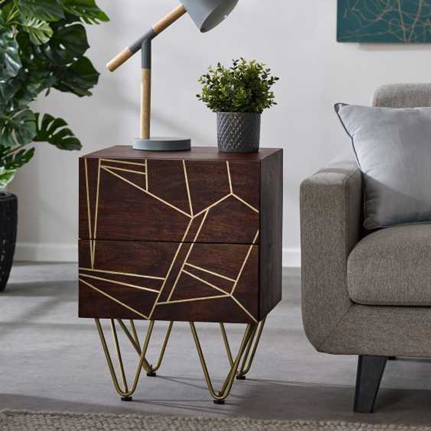 Georgjna Abstract Style Gold Frame Side Table with 2 Drawers - Walnut Finish