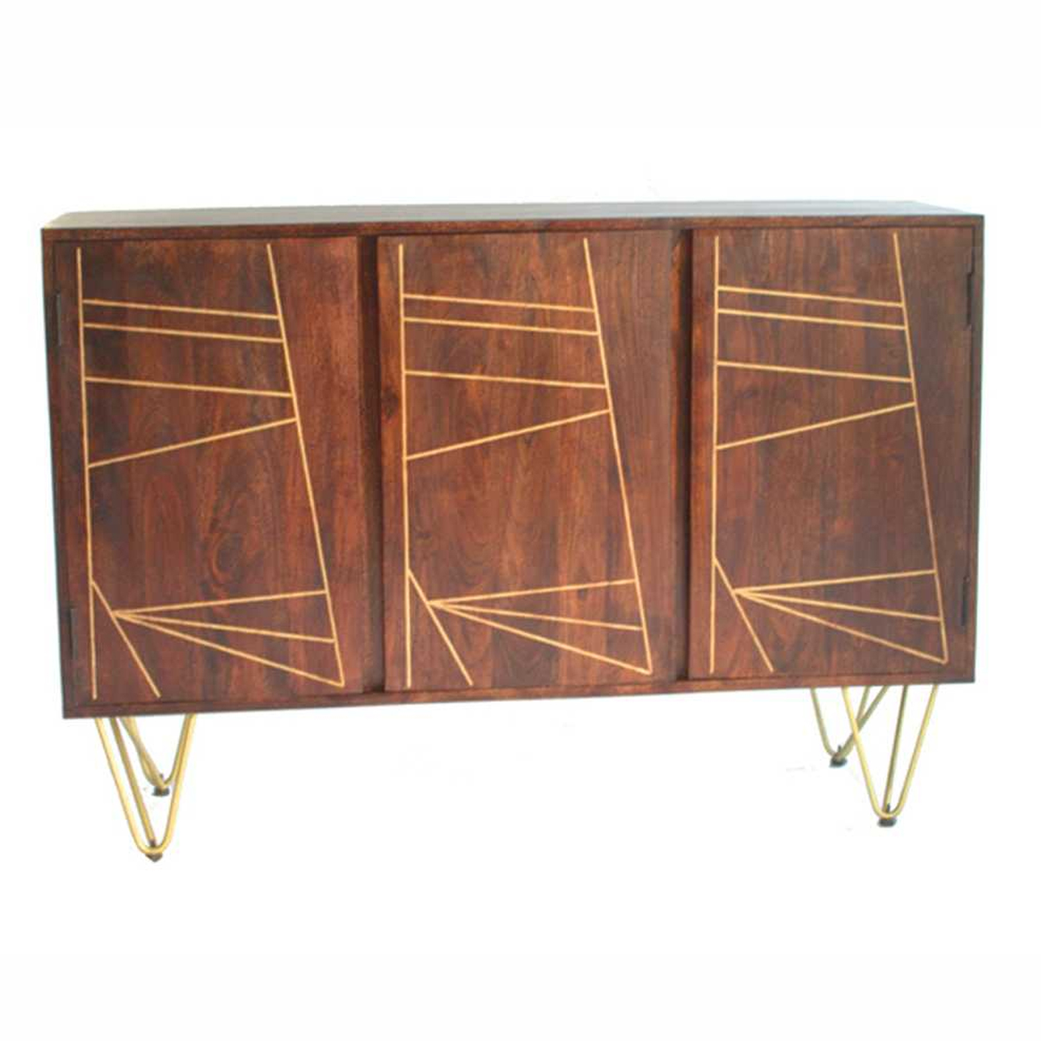 Georgjna Abstract Style Gold Frame Extra Large Sideboard with 3 Doors - Dark Walnut Finish