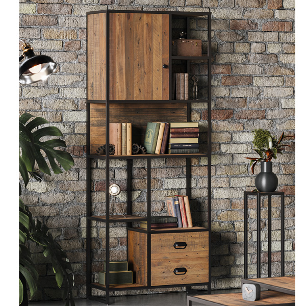 Hayley Metal Frame Reclaimed Wood Large Bookcase with Drawer Shelf and Door