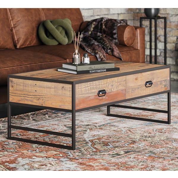 Hayley Metal Frame Reclaimed Wood Coffee Table with Four Drawer
