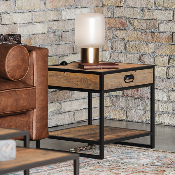 Hayley Reclaimed Wood Side Table with Drawer and Shelf