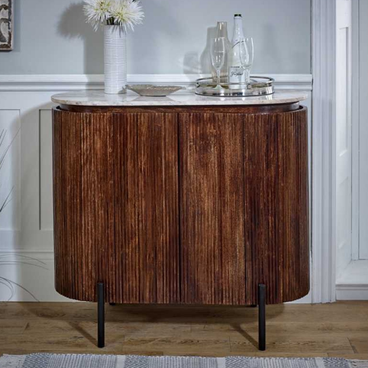 Hendry Metal Legs Mango Wood 4 Doors Sideboard with Drink Cabinet - White Marble Top