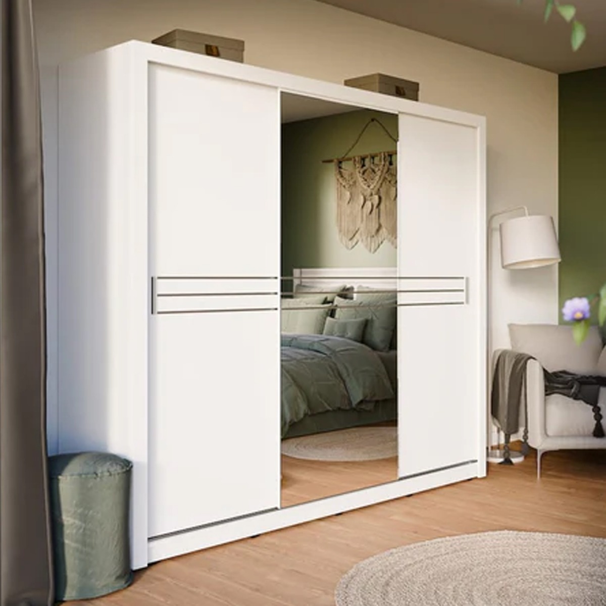 COPENHAGEN 3 Door Mirrored Sliding Wardrobe with 2 Drawers White Matt - 250cm