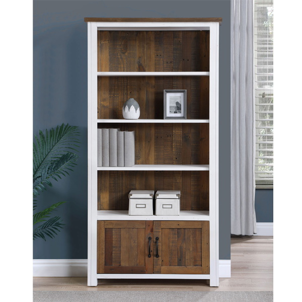 Splatter Reclaimed Wood Large Open Bookcase with 2 Door and 4 Shelves - White