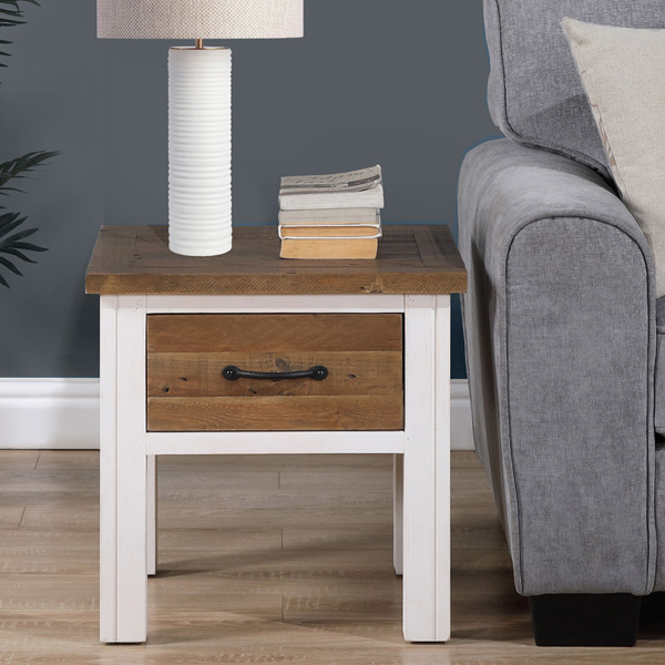 Splatter Reclaimed Wood Lamp Table with Drawer - White