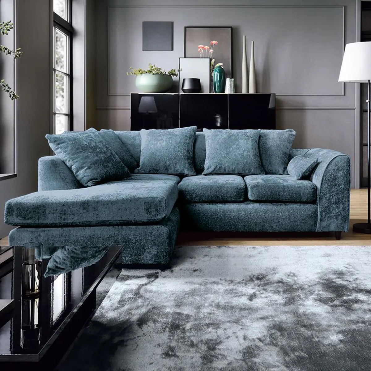 HENRY Chenille Fabric 4 Seater Corner Sofa - L Shaped - Left Hand Facing - Dark Blue
