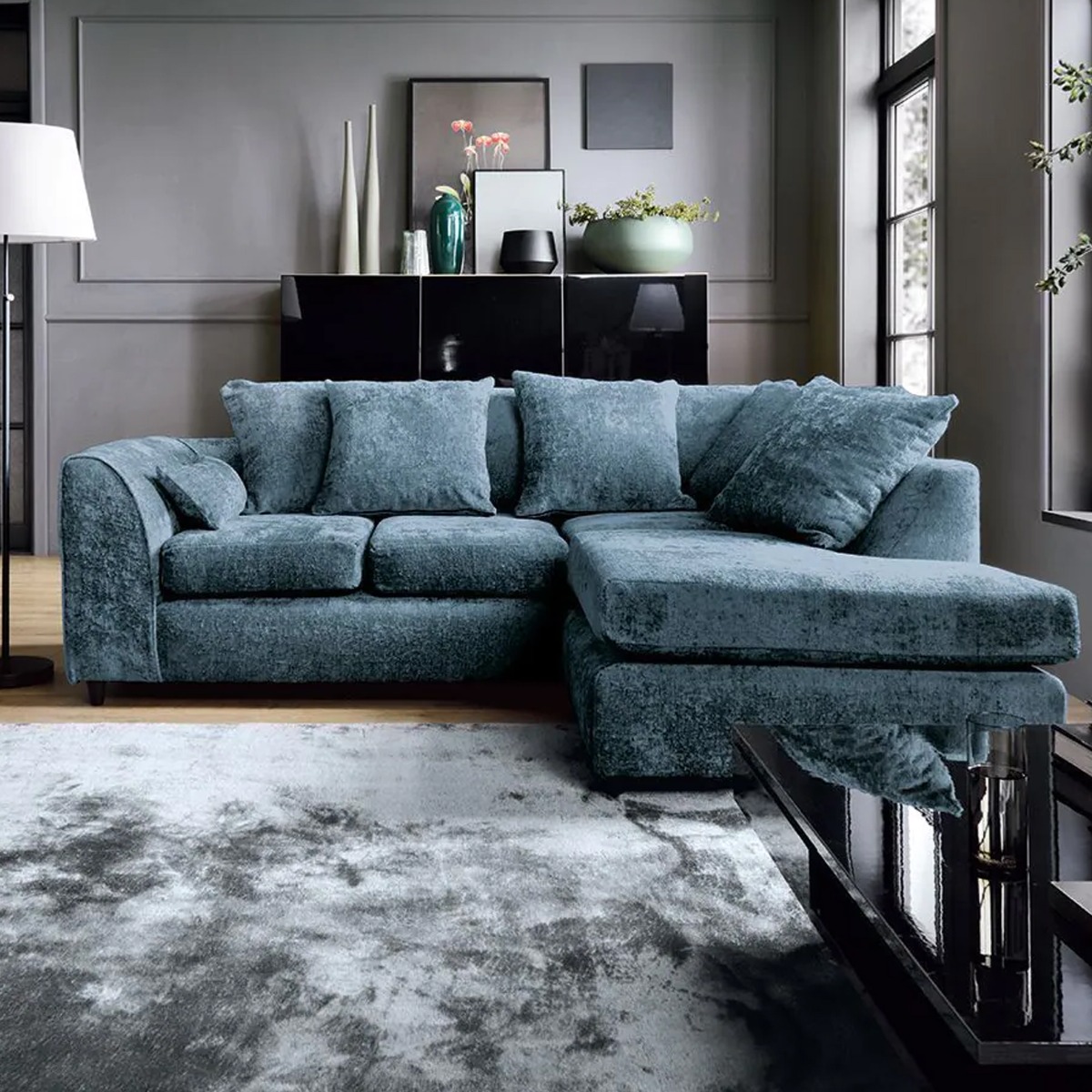 HENRY Chenille Fabric 4 Seater Corner Sofa - L Shaped - Right Hand Facing - Dark Blue