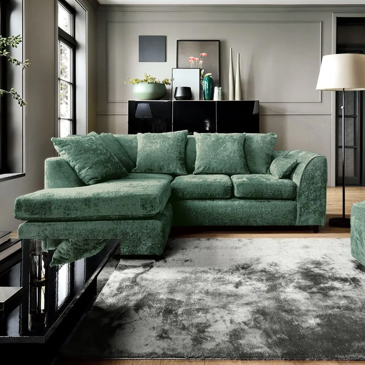 HENRY Chenille Fabric 4 Seater Corner Sofa - L Shaped - Left Hand Facing - Rifle Green