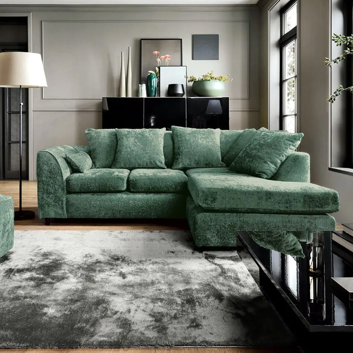 HENRY Chenille Fabric 4 Seater Corner Sofa - L Shaped - Right Hand Facing - Rifle Green