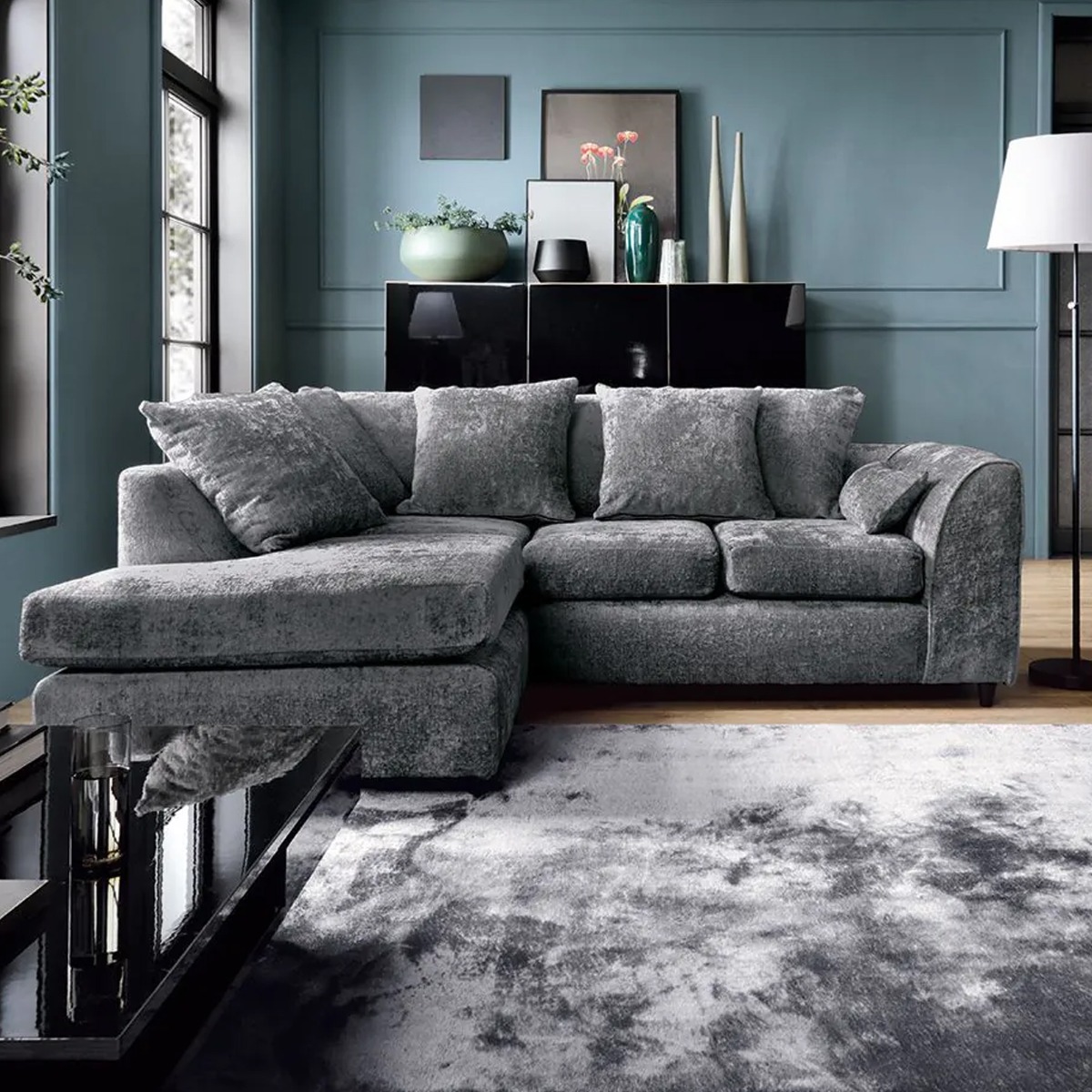 HENRY Chenille Fabric 4 Seater Corner Sofa - L Shaped - Left Hand Facing - Dark Grey