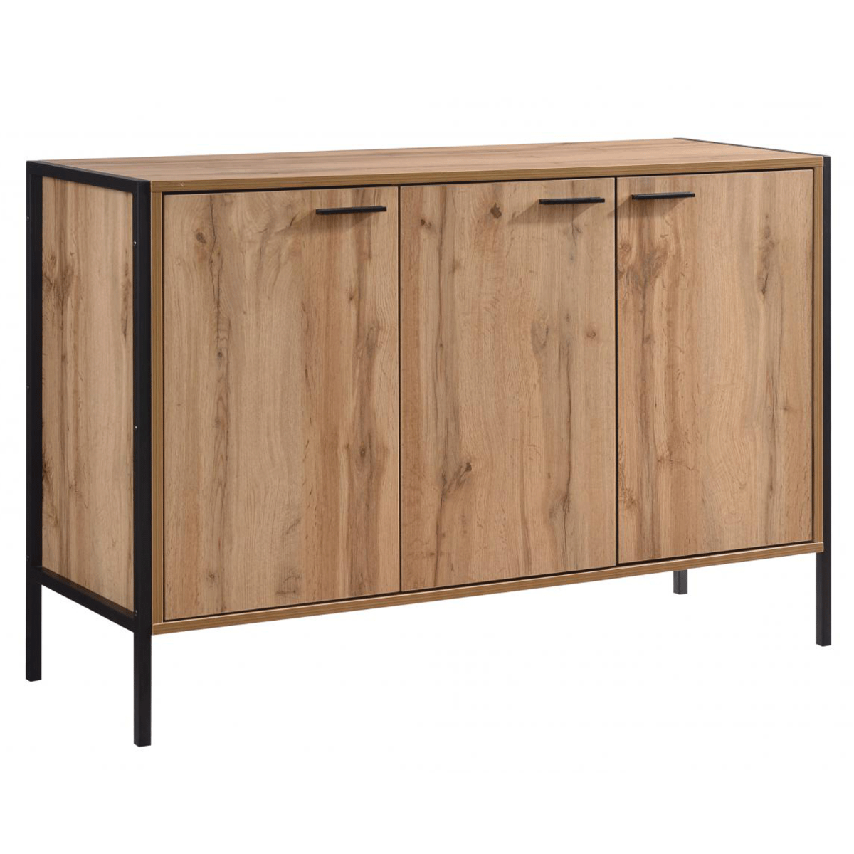 Wenatchee 3-Door Oak Effect Shoe Cabinet with Black Metal Frame - Stylish Storage