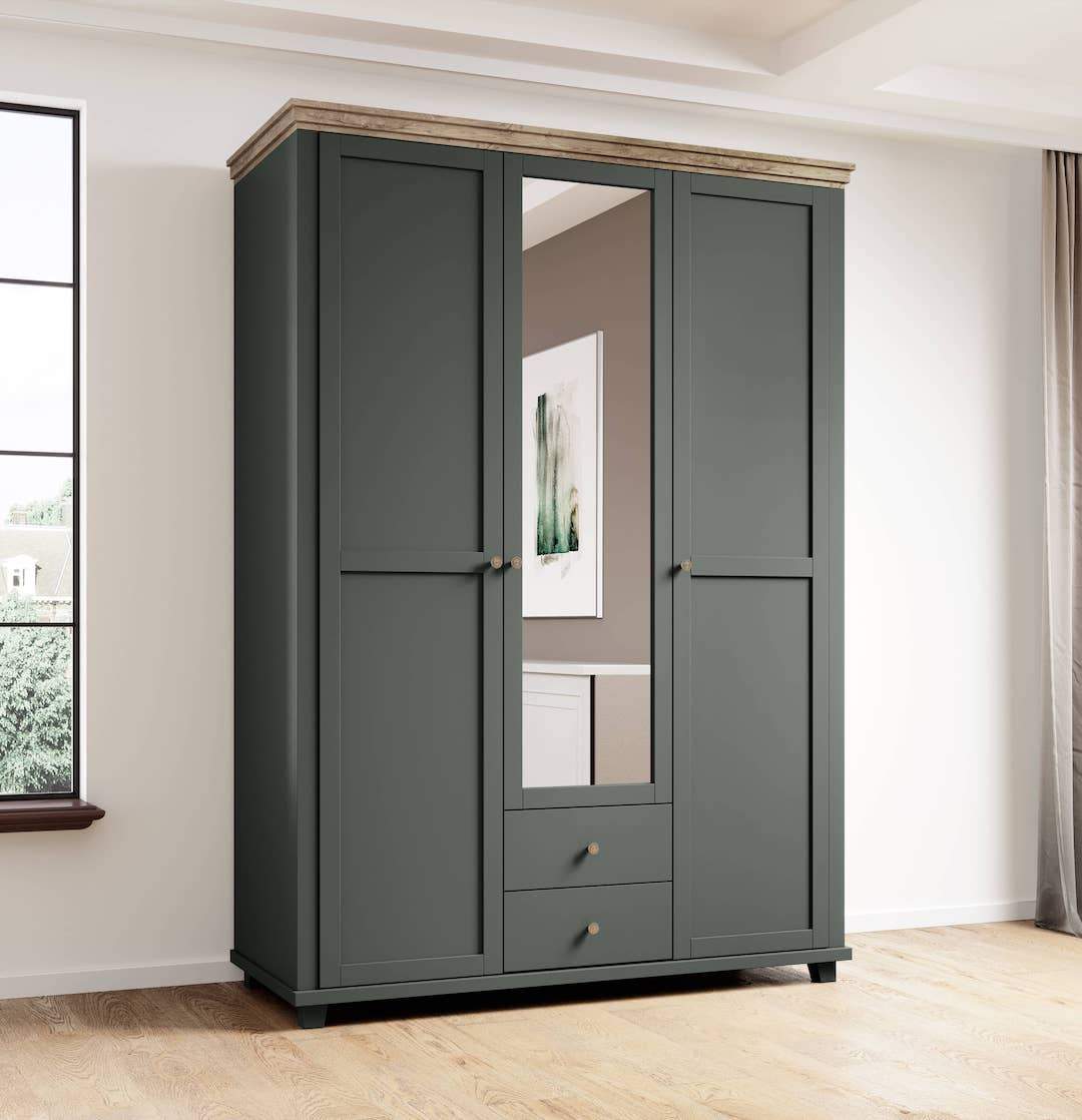 EPSOM 3 Door Mirrored Wardrobe with 2 Drawers Green and Oak - 154cm