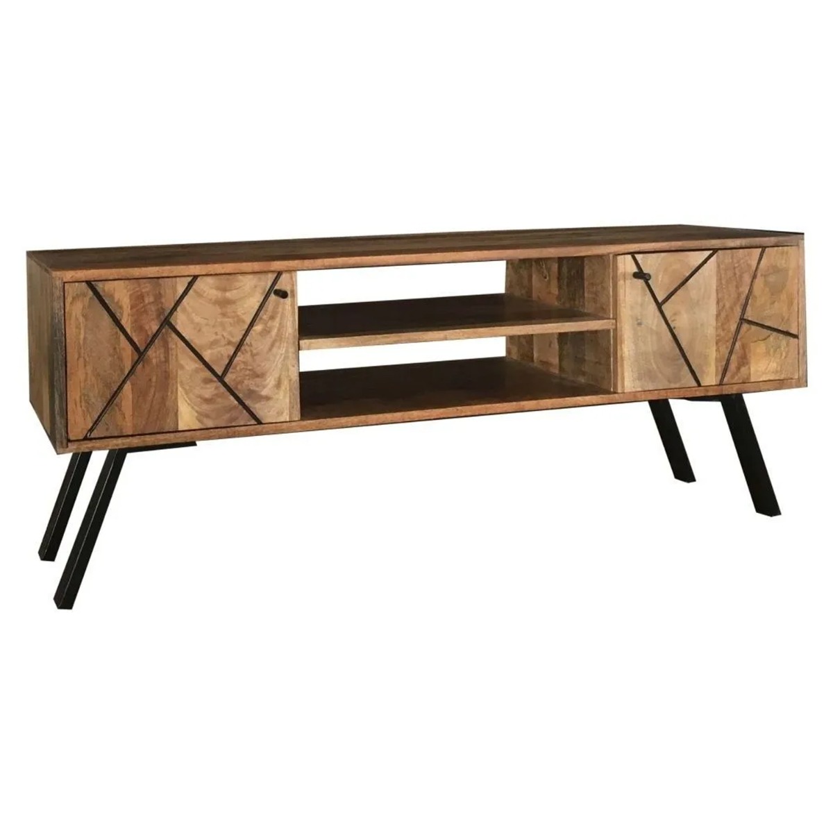 Havant Black Iron Base Retro Style TV Unit with Open Shelf - Mango Wood