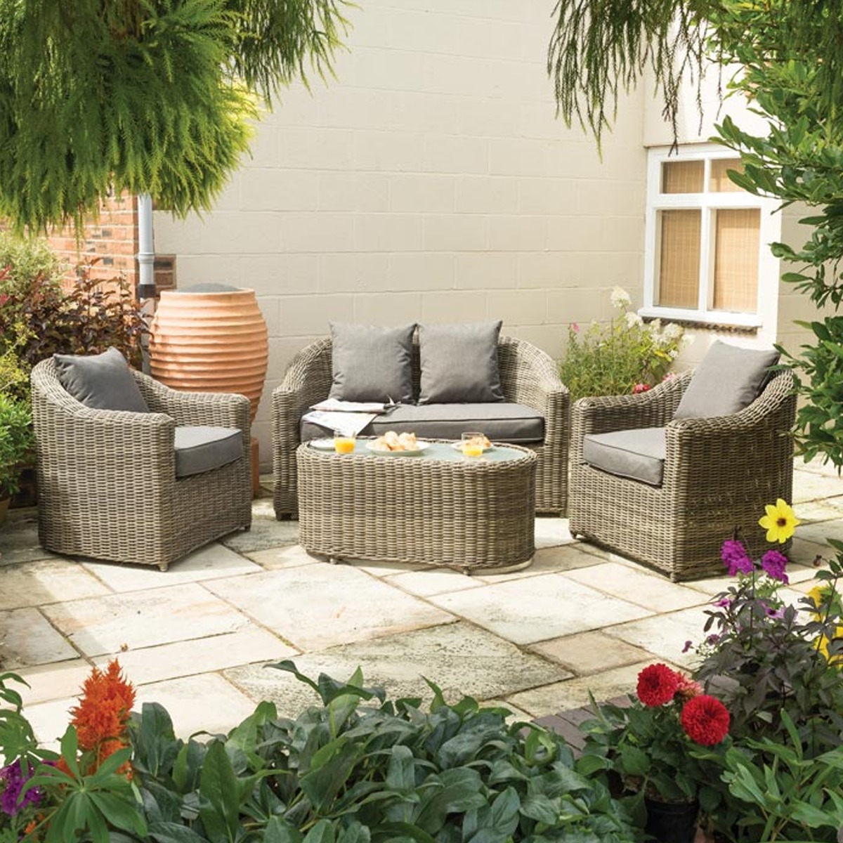4 Piece Set Weatherproof Rattan Set with Cushions and Frosted Glass Table - Natural Weave