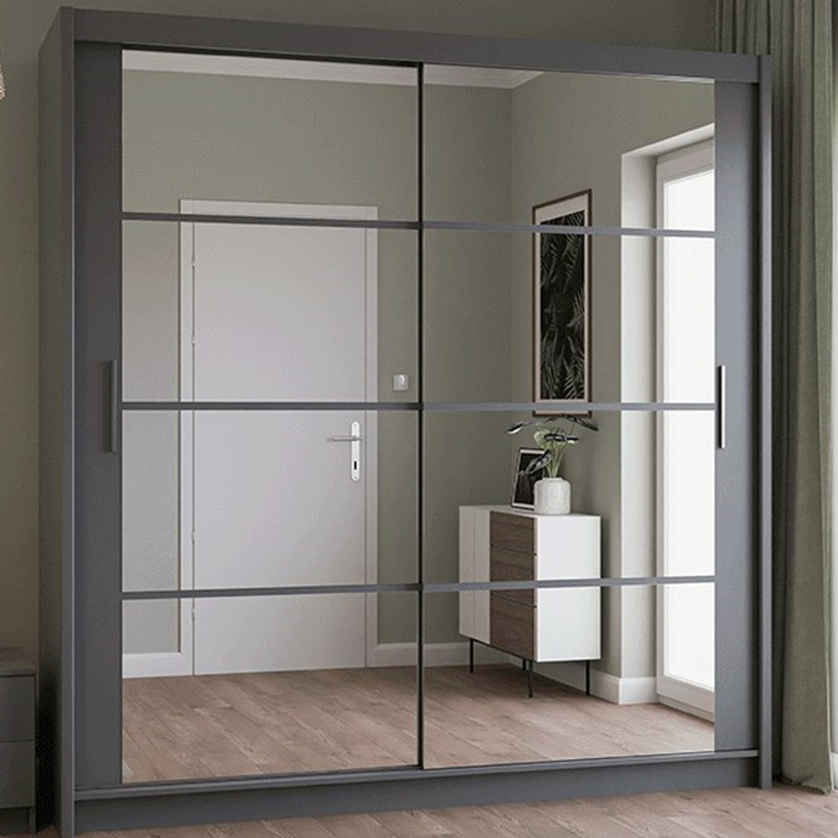 DEXTER 2 Door Mirrored Sliding Wardrobe Grey - 203cm