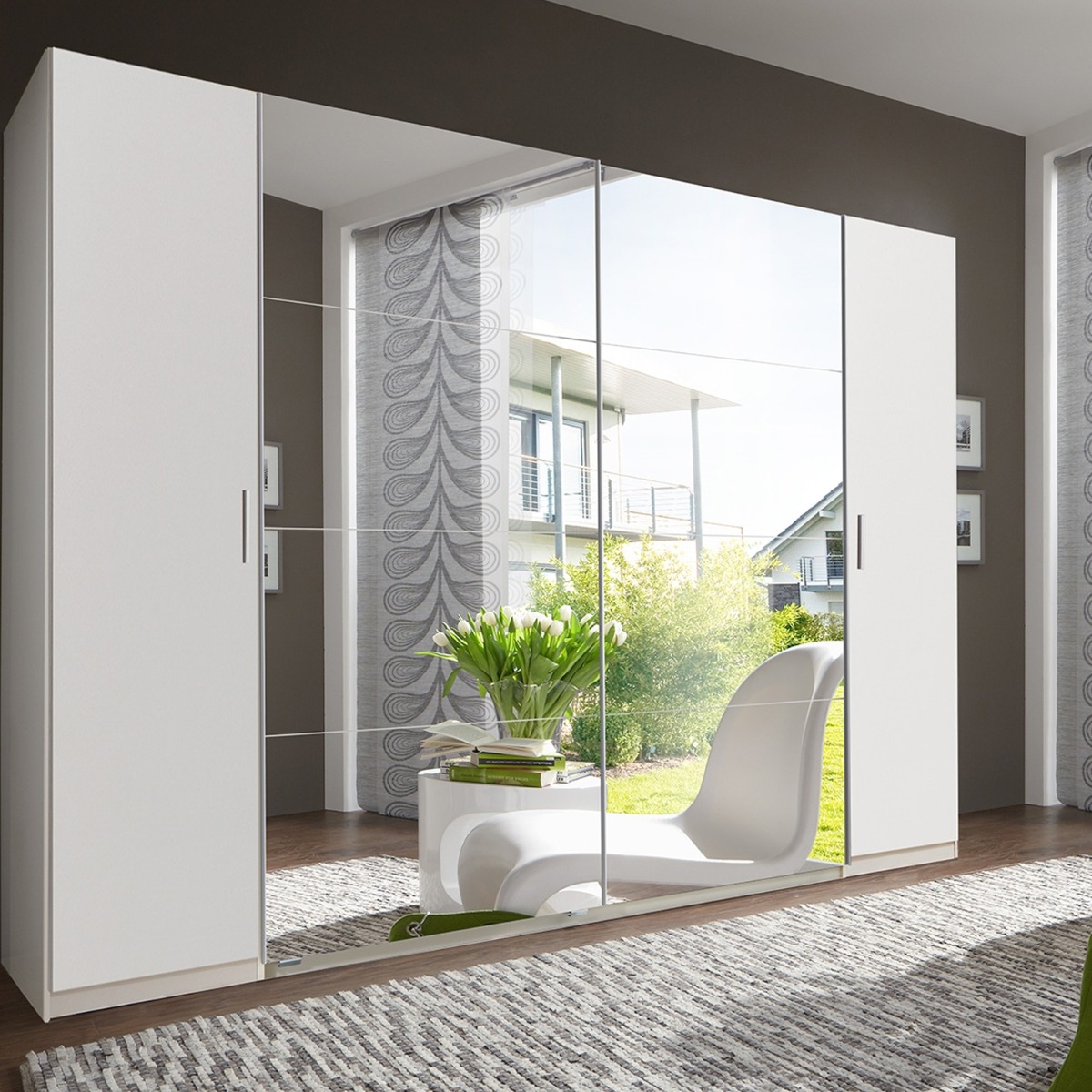 LANTAU 4 Door Mirrored Sliding Wardrobe White - 316cm