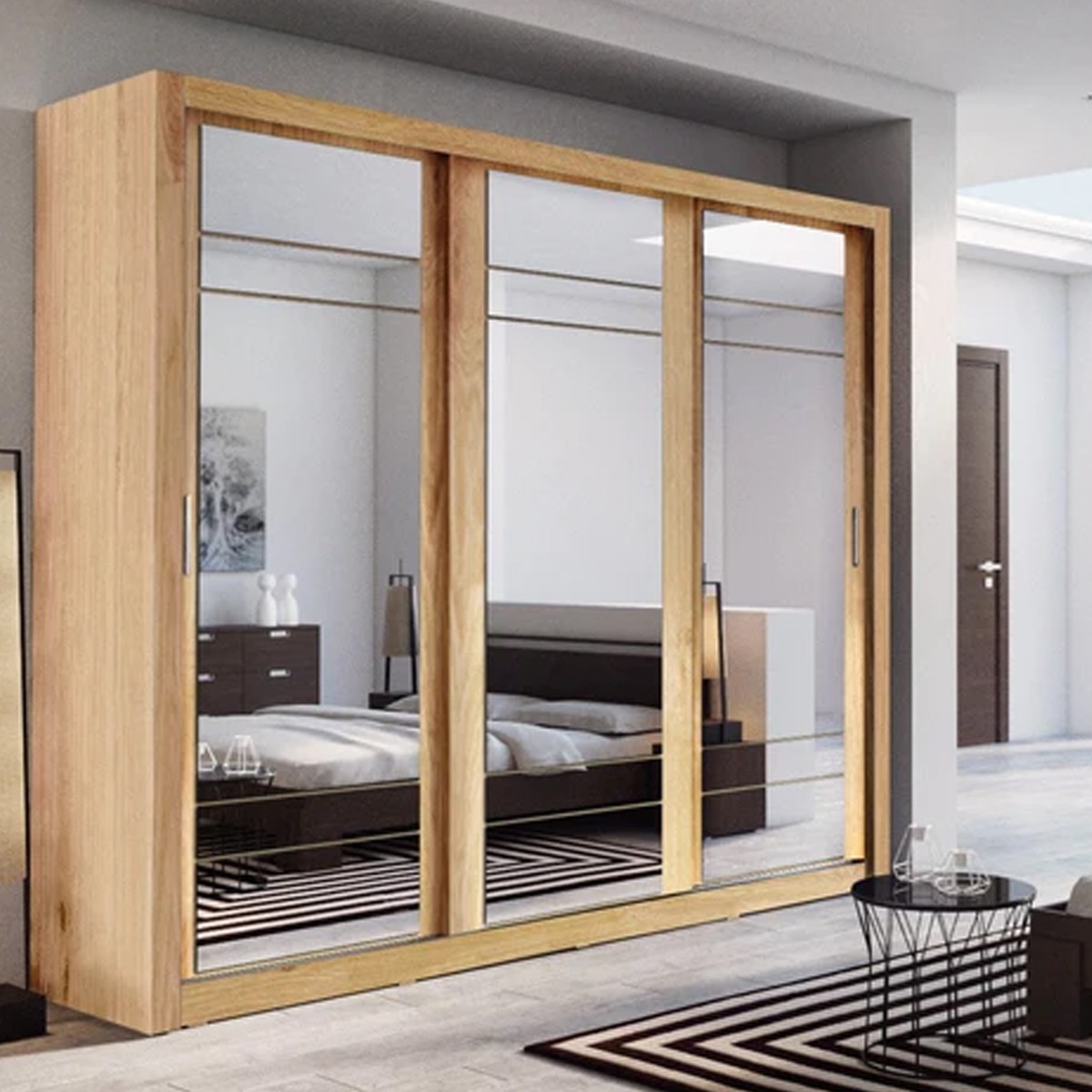IRVINE 3 Door Mirrored Sliding Wardrobe Oak - 250cm