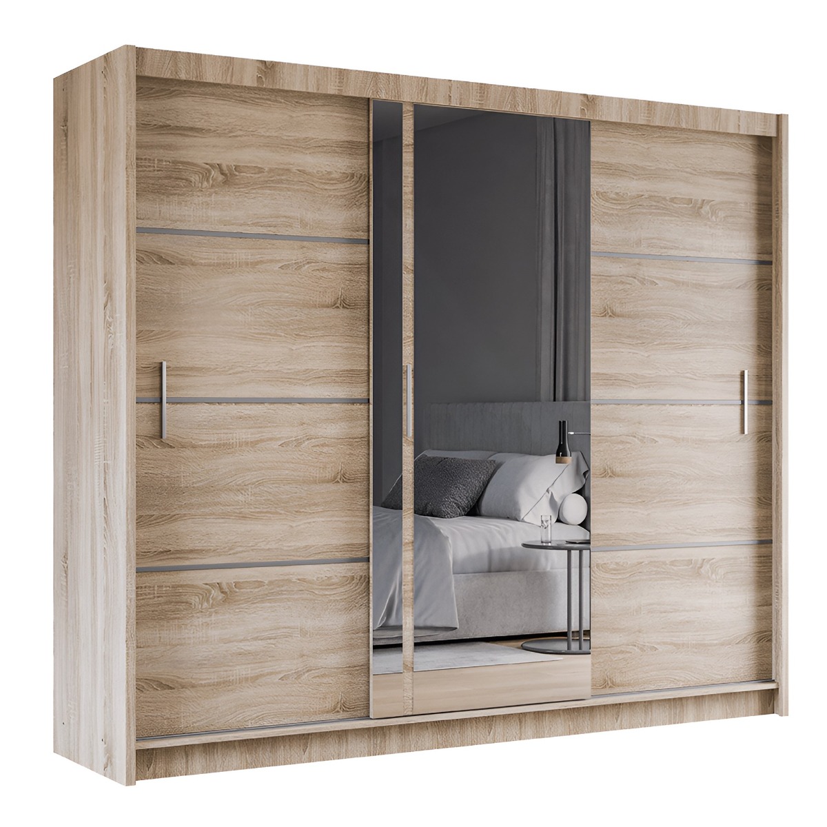BROADLAND 3 Door Mirrored Sliding Wardrobe with 2 Drawers Light Oak - 250cm