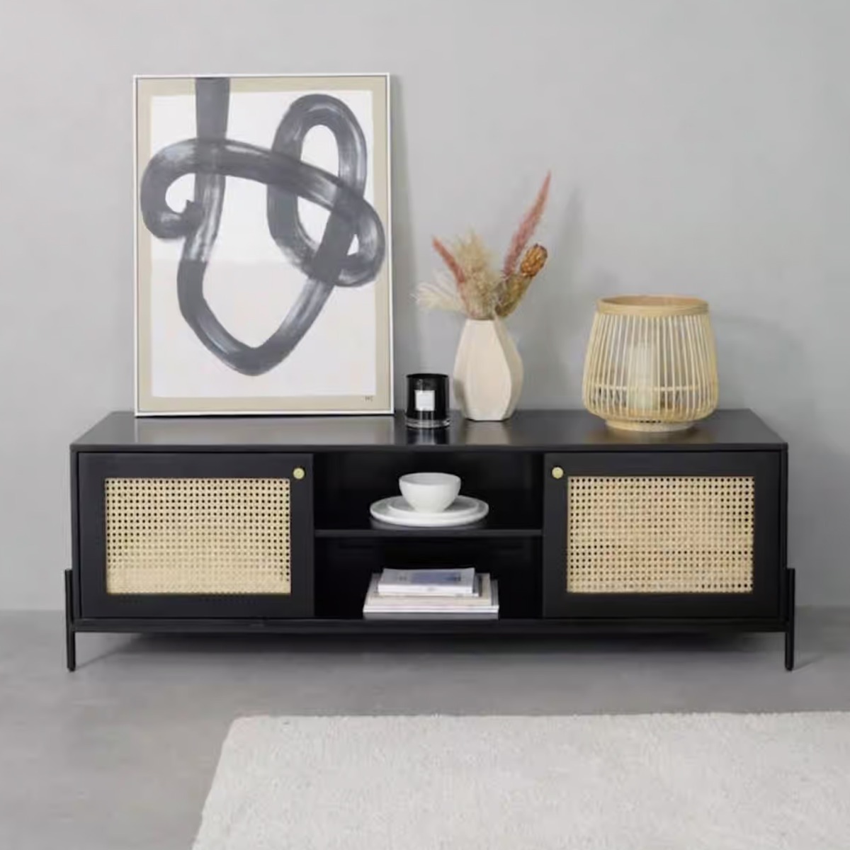Rattan Design Dark Mango Wood TV Unit 145cm with 2 Doors and Open Shelf - Black