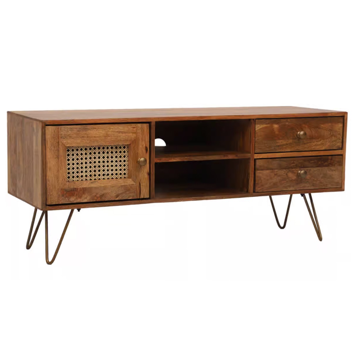 Lattice Design Mango Wood TV unit 120cm with Door and 2 Drawers - Brown