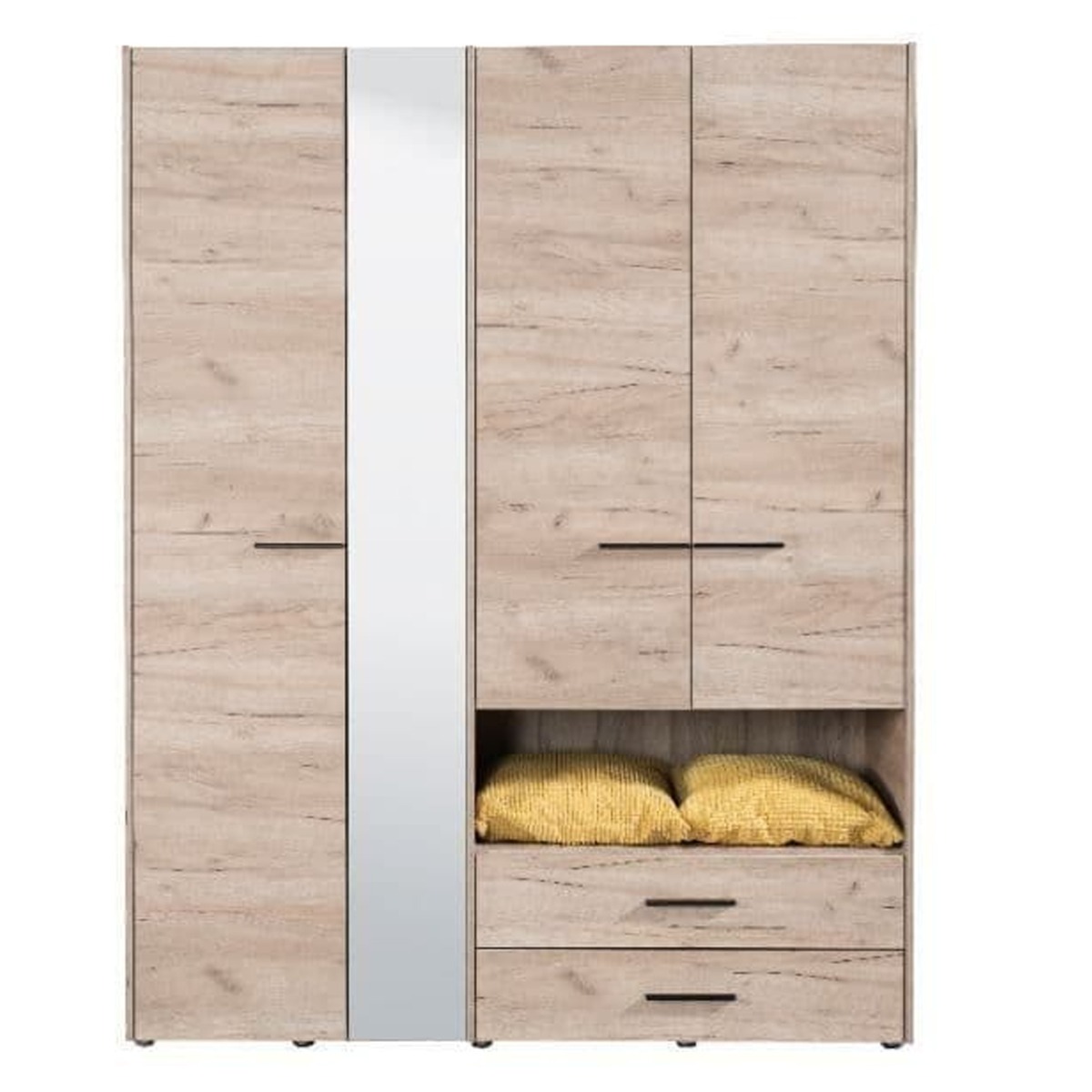 HIGHAM 4 Door Mirrored Wardrobe with 2 Drawers Grey Oak - 161cm